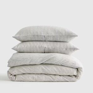Quince European Linen Duvet Cover King with 2 Shams Grey White Stripe RETURN Q27